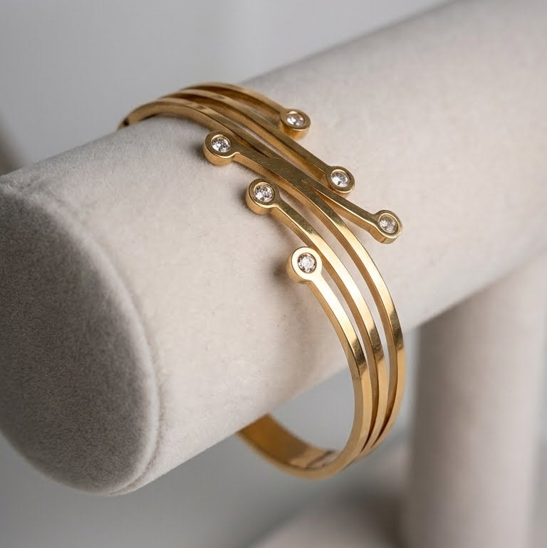 Aura & Alloy Gold Plated Dual Line Crystal Open Bracelet