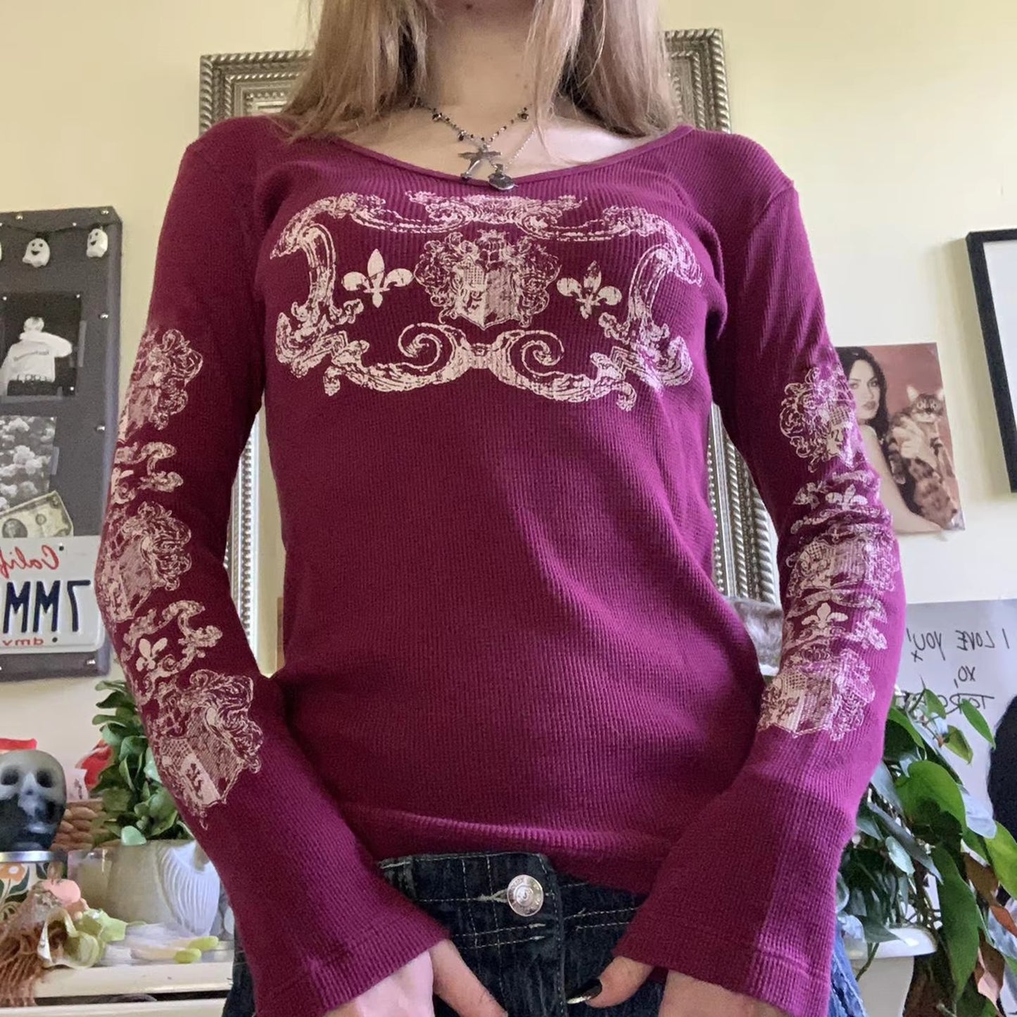 2000S Y2K Cyber Grunge Vintage T-Shirt Graphic Print O Neck Long Sleeve Tee Women Slim Fit Crop Tops Egirl Skater Emo Streetwear