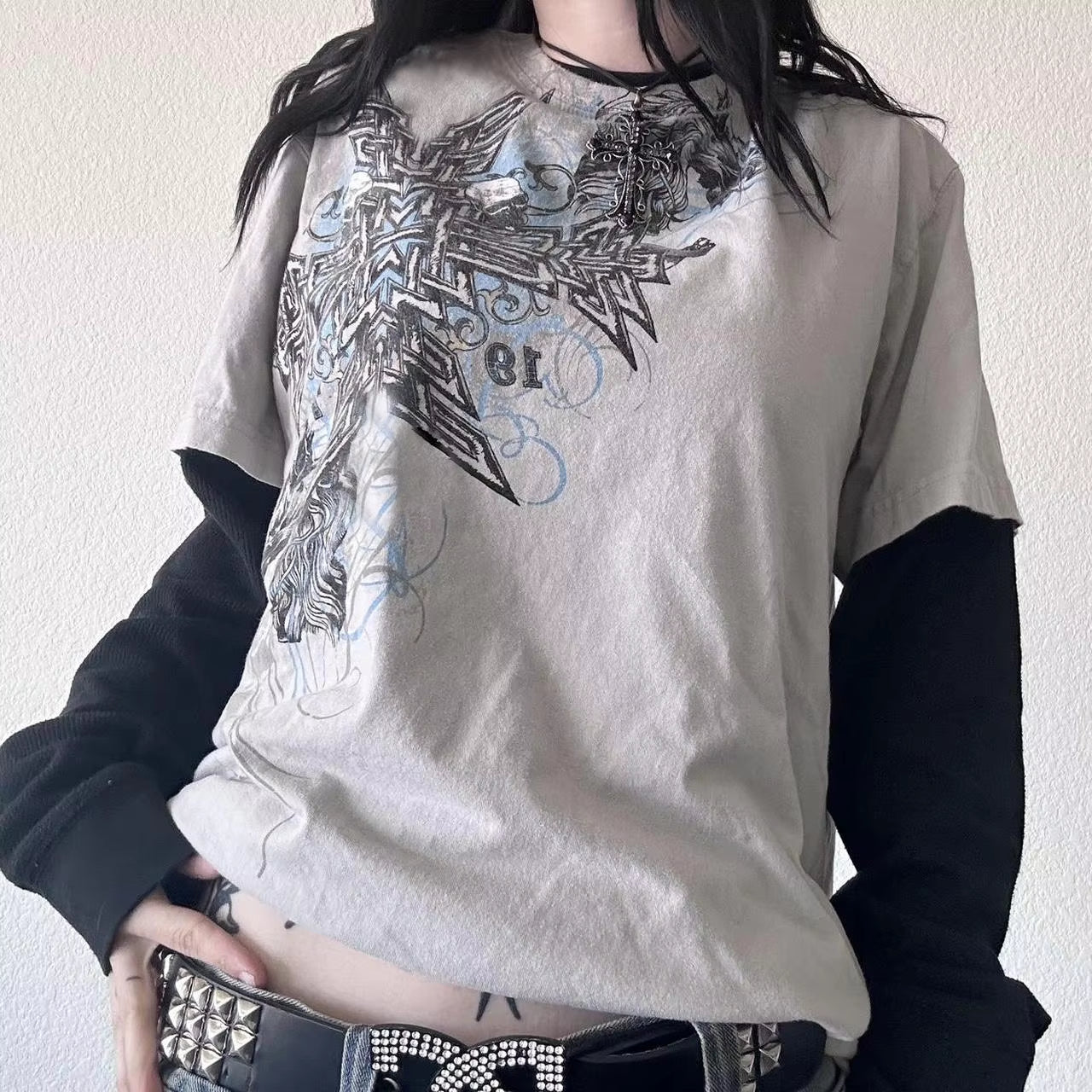 2000S Y2K Cyber Grunge Vintage T-Shirt Graphic Print O Neck Long Sleeve Tee Women Slim Fit Crop Tops Egirl Skater Emo Streetwear