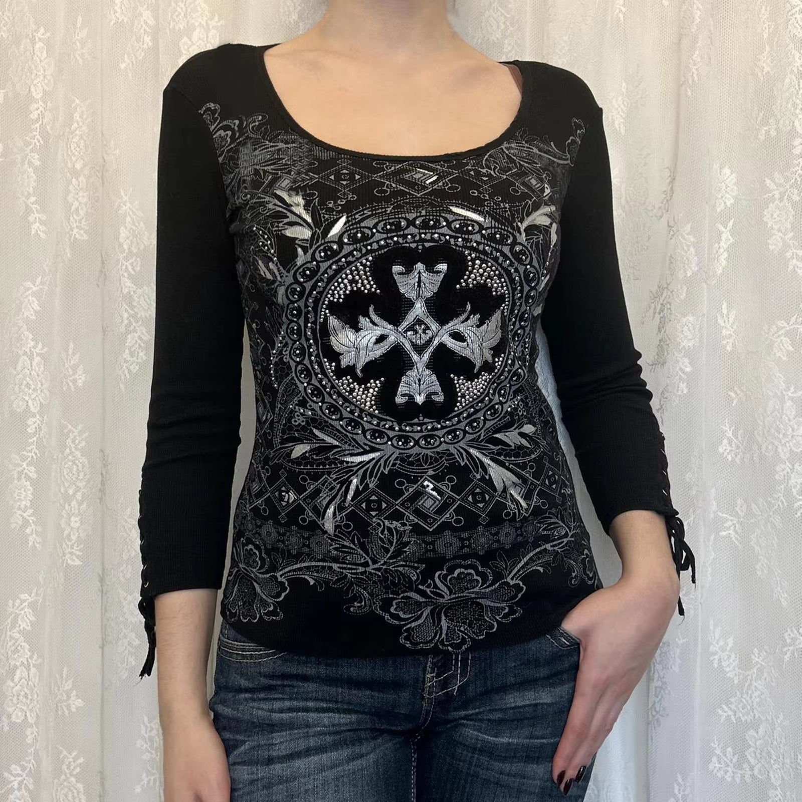 2000S Y2K Cyber Grunge Vintage T-Shirt Graphic Print O Neck Long Sleeve Tee Women Slim Fit Crop Tops Egirl Skater Emo Streetwear