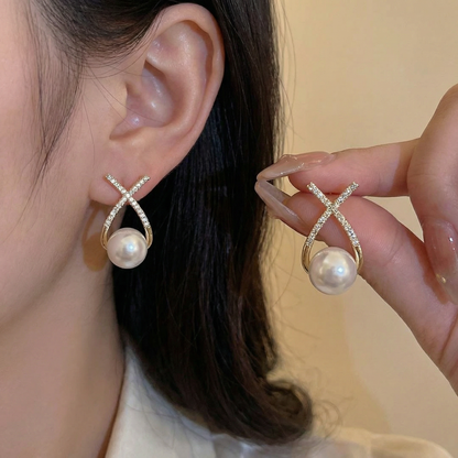 Korean Cross Pearl Stud Earrings ✨