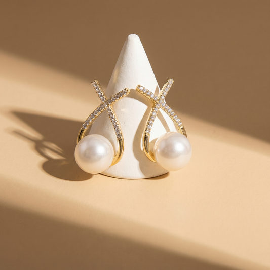 Korean Cross Pearl Stud Earrings ✨