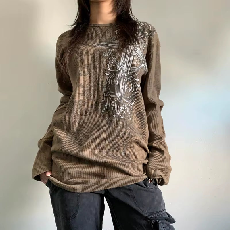 2000S Y2K Cyber Grunge Vintage T-Shirt Graphic Print O Neck Long Sleeve Tee Women Slim Fit Crop Tops Egirl Skater Emo Streetwear
