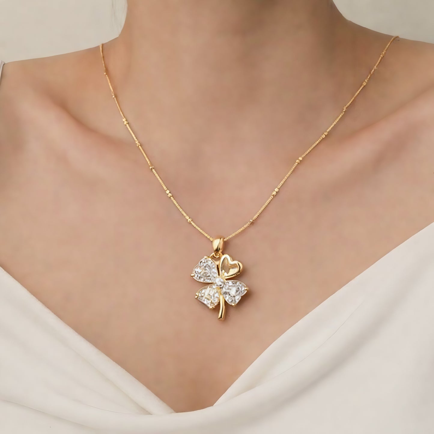 Crystal Clover Pendant Necklace - Gold  Plated