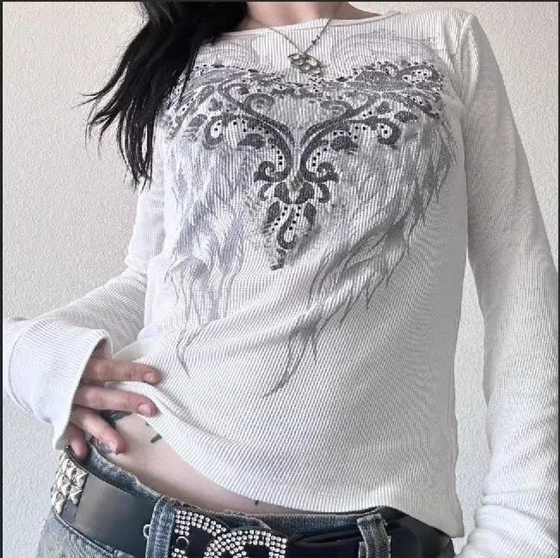 2000S Y2K Cyber Grunge Vintage T-Shirt Graphic Print O Neck Long Sleeve Tee Women Slim Fit Crop Tops Egirl Skater Emo Streetwear