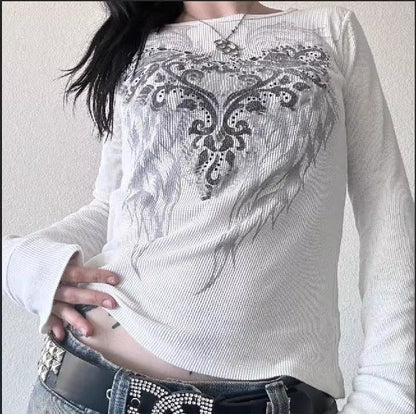 2000S Y2K Cyber Grunge Vintage T-Shirt Graphic Print O Neck Long Sleeve Tee Women Slim Fit Crop Tops Egirl Skater Emo Streetwear