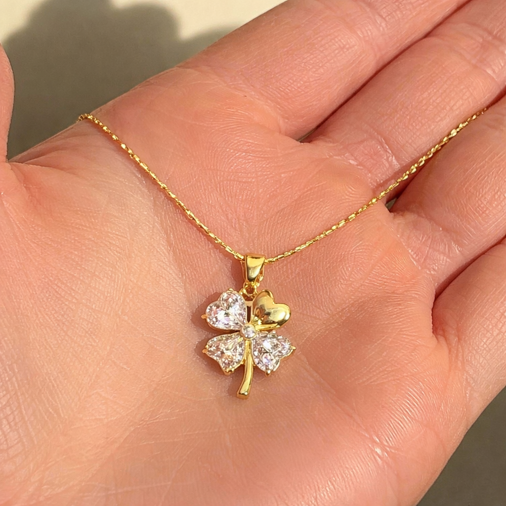 Crystal Clover Pendant Necklace - Gold  Plated