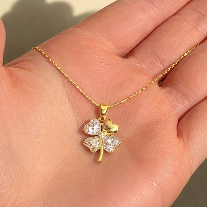 Crystal Clover Pendant Necklace - Gold  Plated