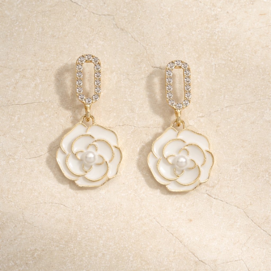 Gold Plated  White Flower Earrings