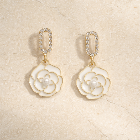 Gold Plated  White Flower Earrings
