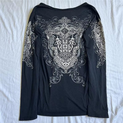 2000S Y2K Cyber Grunge Vintage T-Shirt Graphic Print O Neck Long Sleeve Tee Women Slim Fit Crop Tops Egirl Skater Emo Streetwear