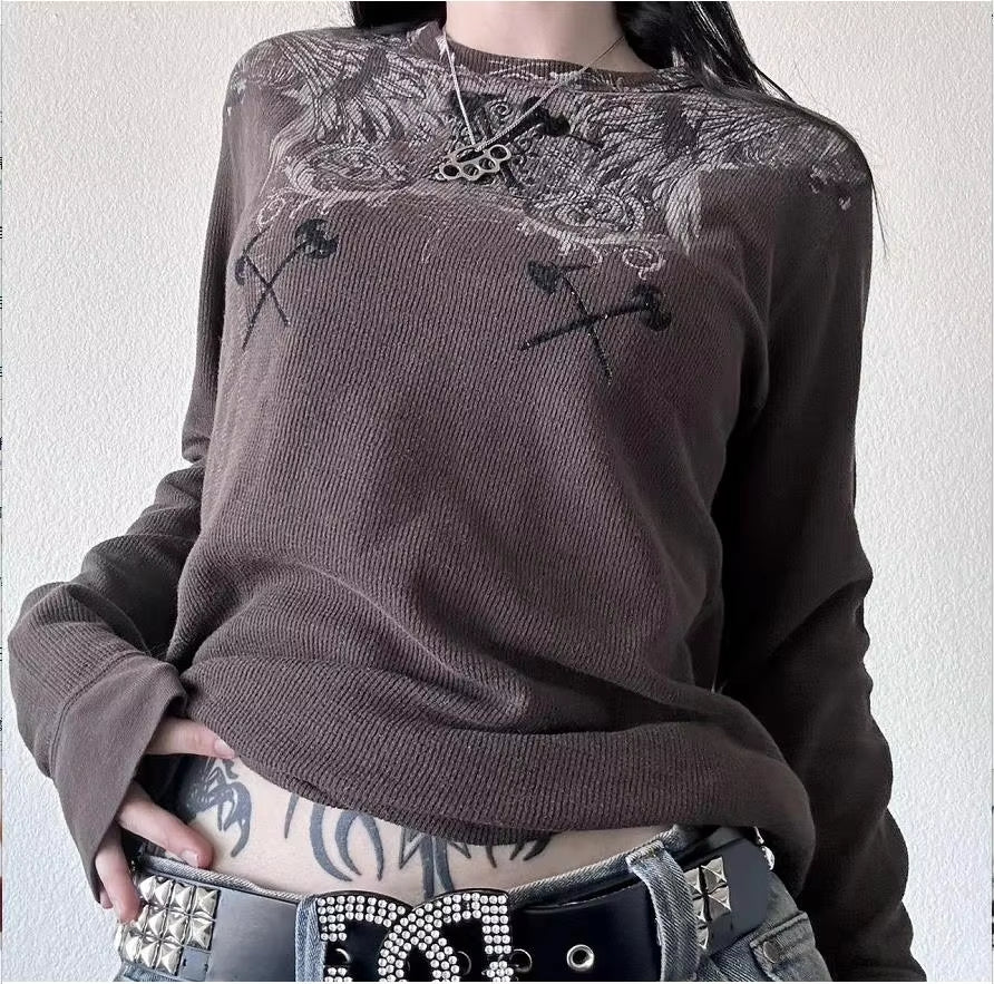 2000S Y2K Cyber Grunge Vintage T-Shirt Graphic Print O Neck Long Sleeve Tee Women Slim Fit Crop Tops Egirl Skater Emo Streetwear