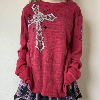 2000S Y2K Cyber Grunge Vintage T-Shirt Graphic Print O Neck Long Sleeve Tee Women Slim Fit Crop Tops Egirl Skater Emo Streetwear