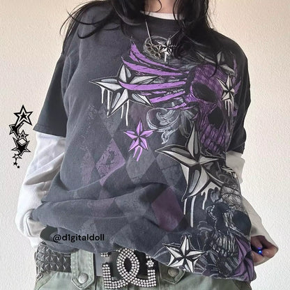 2000S Y2K Cyber Grunge Vintage T-Shirt Graphic Print O Neck Long Sleeve Tee Women Slim Fit Crop Tops Egirl Skater Emo Streetwear