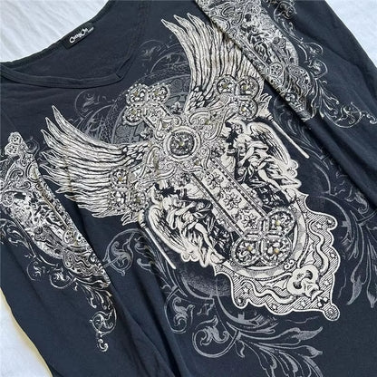 2000S Y2K Cyber Grunge Vintage T-Shirt Graphic Print O Neck Long Sleeve Tee Women Slim Fit Crop Tops Egirl Skater Emo Streetwear