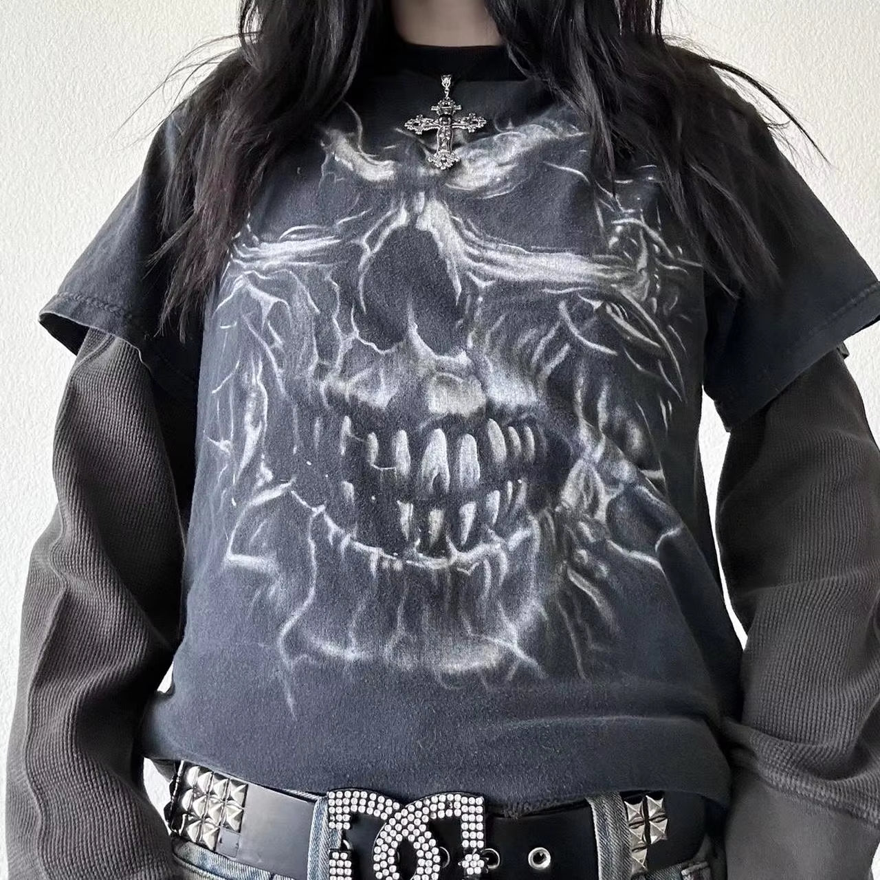2000S Y2K Cyber Grunge Vintage T-Shirt Graphic Print O Neck Long Sleeve Tee Women Slim Fit Crop Tops Egirl Skater Emo Streetwear