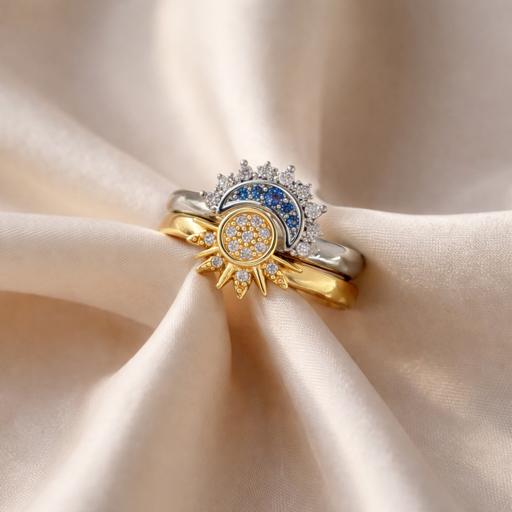 Rhodium-Plated Stone-Studded Couple Adjustable Finger Rings set of 2