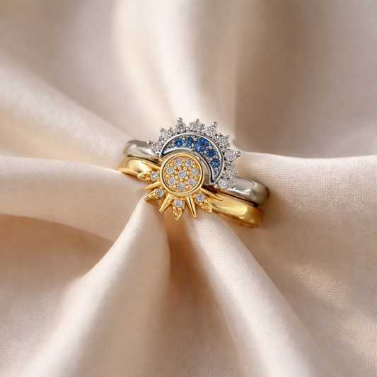 Rhodium-Plated Stone-Studded Couple Adjustable Finger Rings set of 2