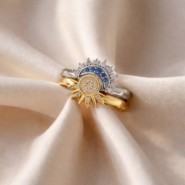 Rhodium-Plated Stone-Studded Couple Adjustable Finger Rings set of 2
