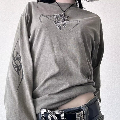 2000S Y2K Cyber Grunge Vintage T-Shirt Graphic Print O Neck Long Sleeve Tee Women Slim Fit Crop Tops Egirl Skater Emo Streetwear