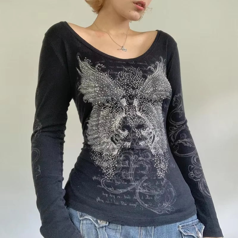 2000S Y2K Cyber Grunge Vintage T-Shirt Graphic Print O Neck Long Sleeve Tee Women Slim Fit Crop Tops Egirl Skater Emo Streetwear