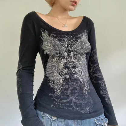 2000S Y2K Cyber Grunge Vintage T-Shirt Graphic Print O Neck Long Sleeve Tee Women Slim Fit Crop Tops Egirl Skater Emo Streetwear