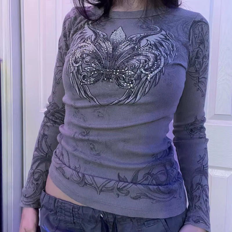 2000S Y2K Cyber Grunge Vintage T-Shirt Graphic Print O Neck Long Sleeve Tee Women Slim Fit Crop Tops Egirl Skater Emo Streetwear