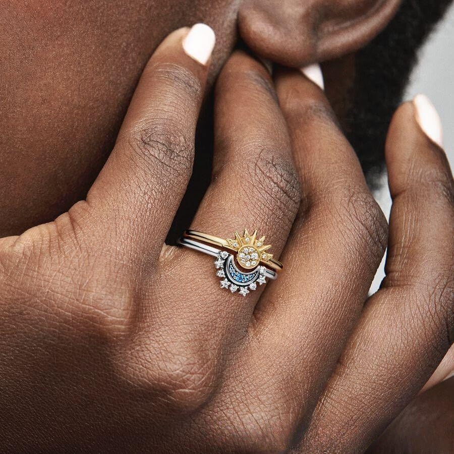 Rhodium-Plated Stone-Studded Couple Adjustable Finger Rings set of 2