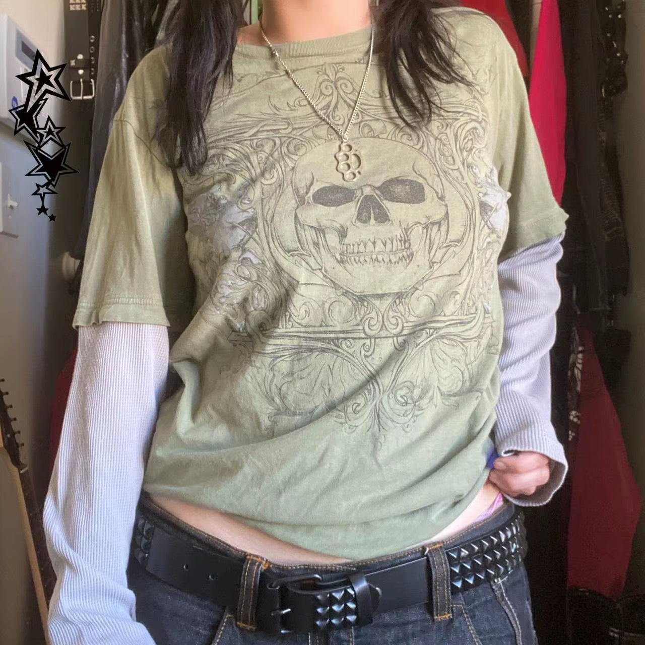 2000S Y2K Cyber Grunge Vintage T-Shirt Graphic Print O Neck Long Sleeve Tee Women Slim Fit Crop Tops Egirl Skater Emo Streetwear