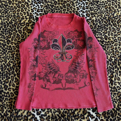 2000S Y2K Cyber Grunge Vintage T-Shirt Graphic Print O Neck Long Sleeve Tee Women Slim Fit Crop Tops Egirl Skater Emo Streetwear