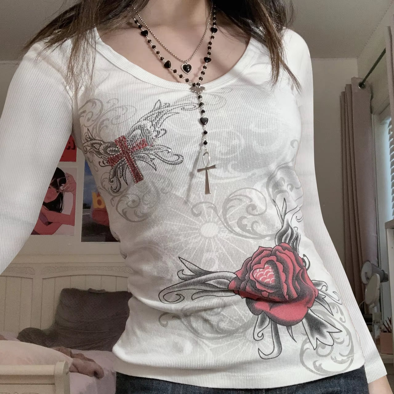 2000S Y2K Cyber Grunge Vintage T-Shirt Graphic Print O Neck Long Sleeve Tee Women Slim Fit Crop Tops Egirl Skater Emo Streetwear