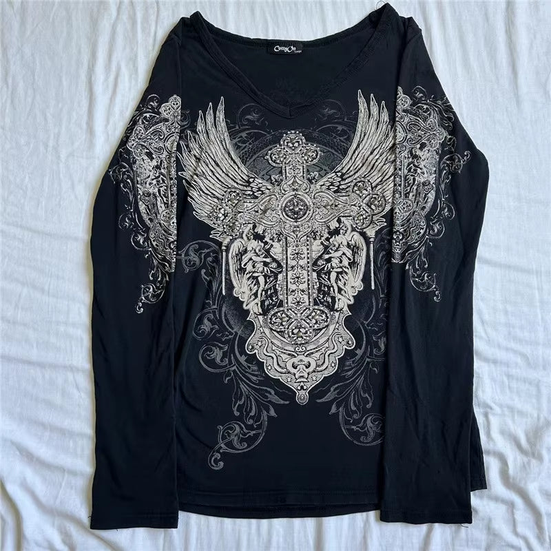 2000S Y2K Cyber Grunge Vintage T-Shirt Graphic Print O Neck Long Sleeve Tee Women Slim Fit Crop Tops Egirl Skater Emo Streetwear