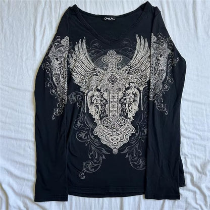 2000S Y2K Cyber Grunge Vintage T-Shirt Graphic Print O Neck Long Sleeve Tee Women Slim Fit Crop Tops Egirl Skater Emo Streetwear