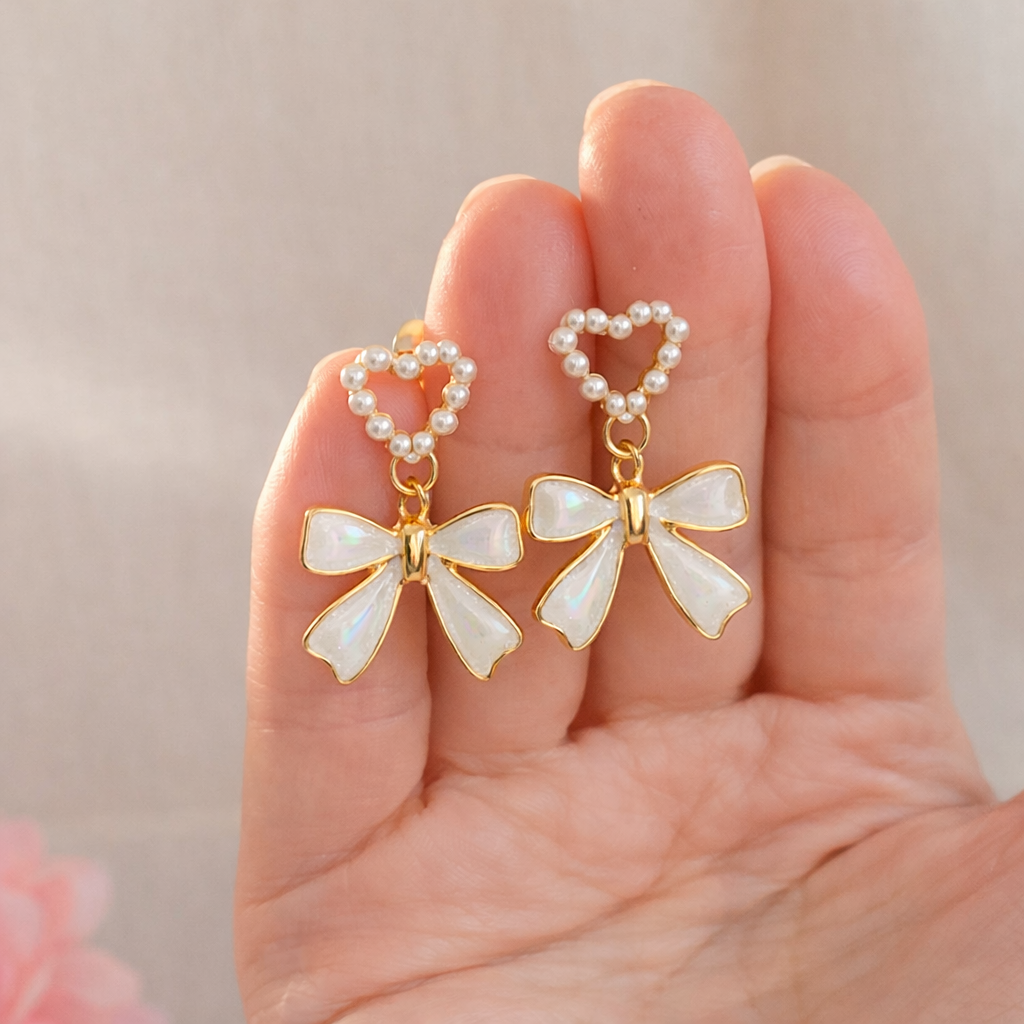 Elegant Heart Bow Dangle Earrings