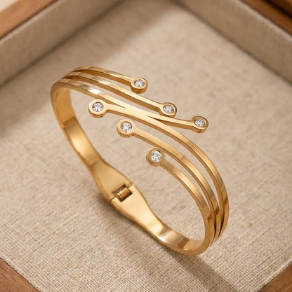 Aura & Alloy Gold Plated Dual Line Crystal Open Bracelet