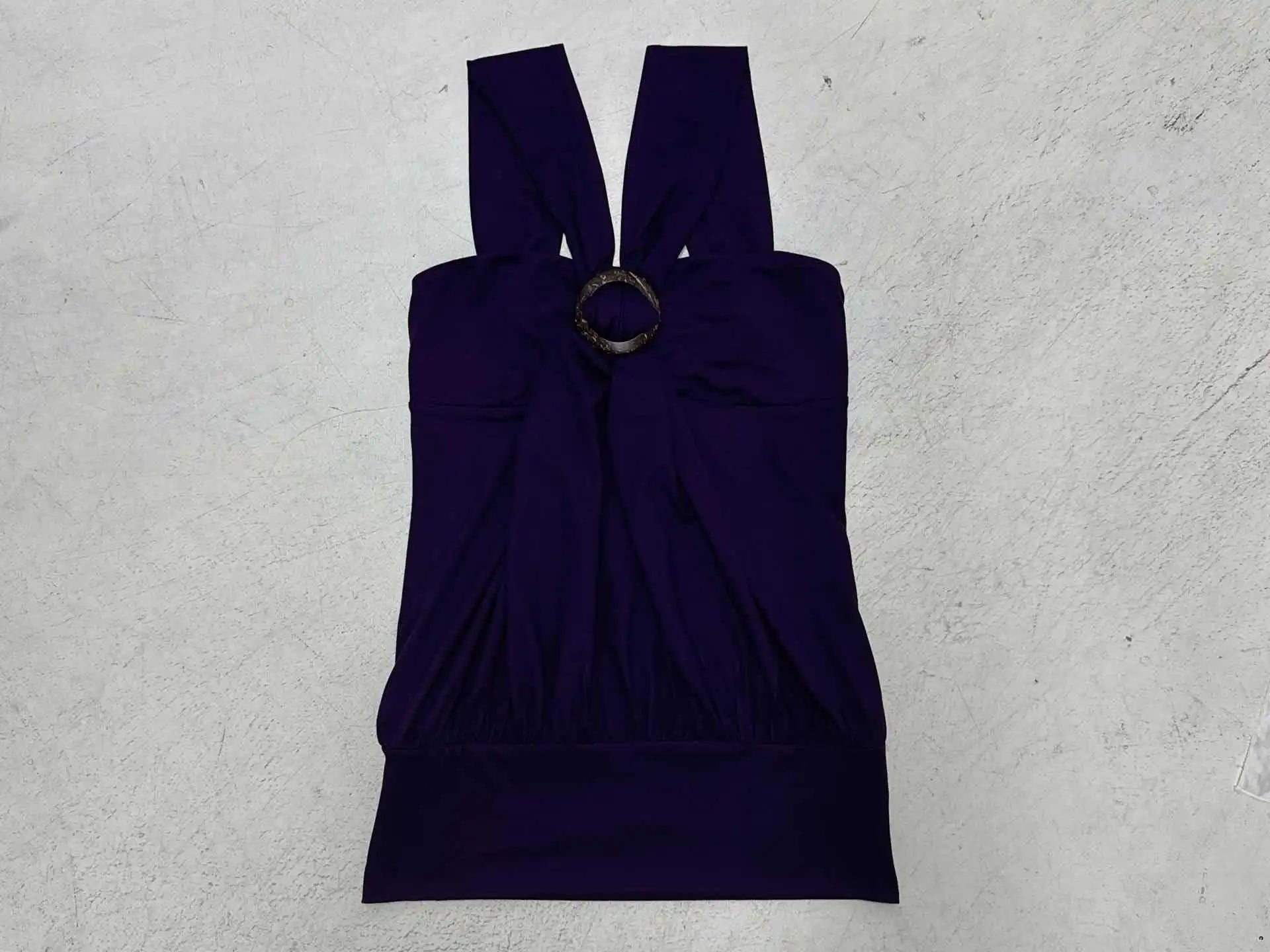 Women'S Purple Halter Neck Top Criss Cross Strap O Ring Detail Sleeveless Ruched Y2K Aesthetic Party Clubwear Going Out Outfit