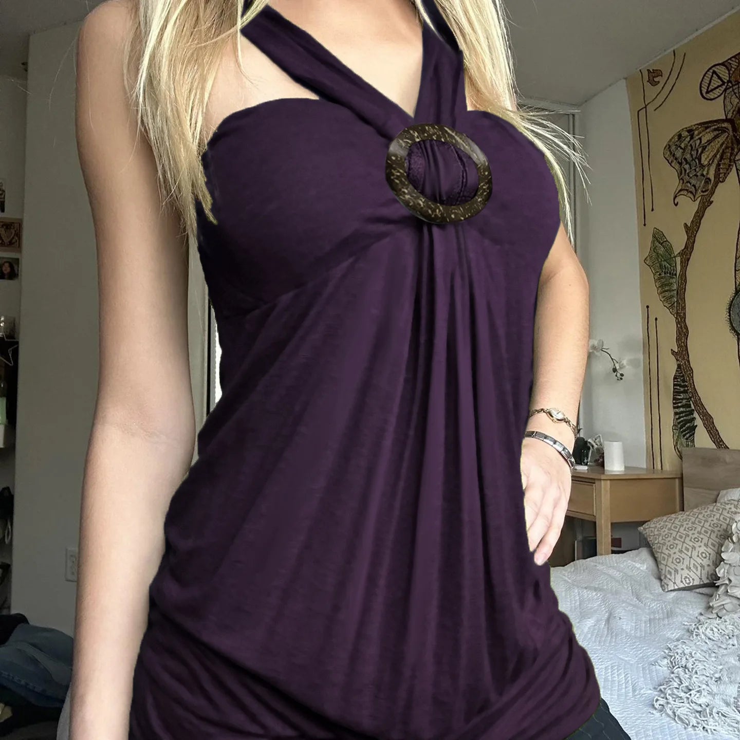 Women'S Purple Halter Neck Top Criss Cross Strap O Ring Detail Sleeveless Ruched Y2K Aesthetic Party Clubwear Going Out Outfit