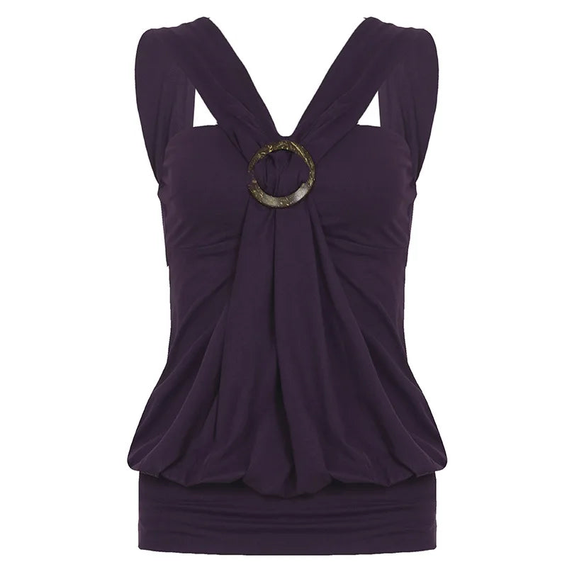 Women'S Purple Halter Neck Top Criss Cross Strap O Ring Detail Sleeveless Ruched Y2K Aesthetic Party Clubwear Going Out Outfit