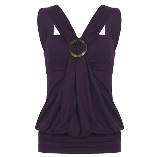 Women'S Purple Halter Neck Top Criss Cross Strap O Ring Detail Sleeveless Ruched Y2K Aesthetic Party Clubwear Going Out Outfit