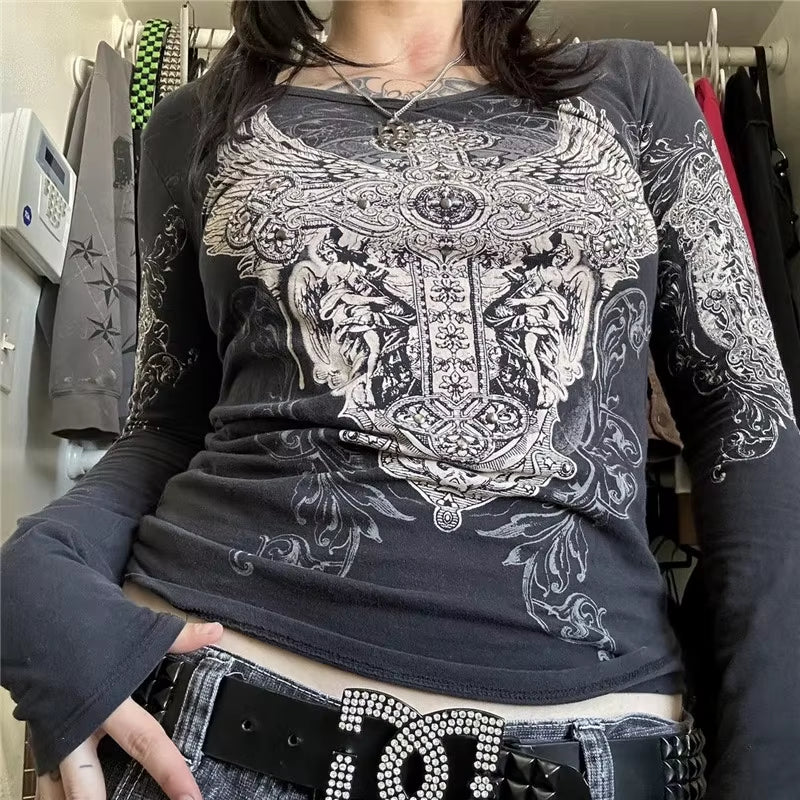 2000S Y2K Cyber Grunge Vintage T-Shirt Graphic Print O Neck Long Sleeve Tee Women Slim Fit Crop Tops Egirl Skater Emo Streetwear