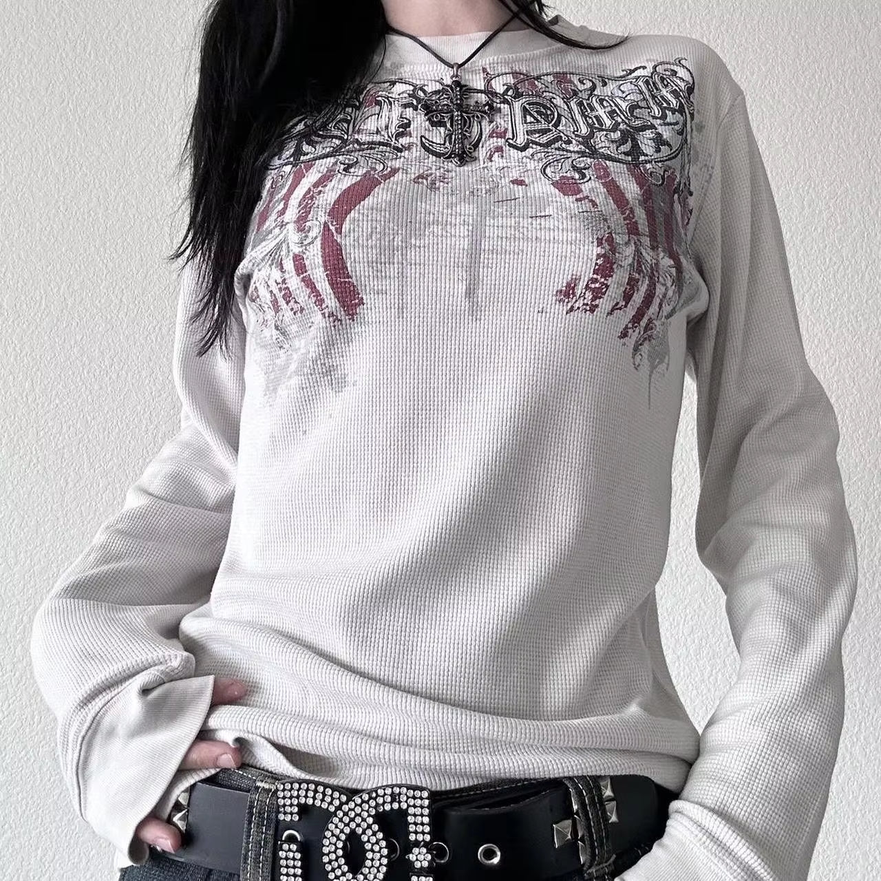 2000S Y2K Cyber Grunge Vintage T-Shirt Graphic Print O Neck Long Sleeve Tee Women Slim Fit Crop Tops Egirl Skater Emo Streetwear