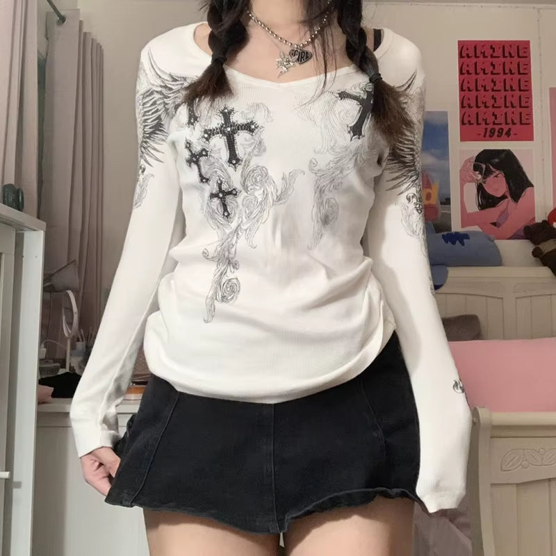 2000S Y2K Cyber Grunge Vintage T-Shirt Graphic Print O Neck Long Sleeve Tee Women Slim Fit Crop Tops Egirl Skater Emo Streetwear