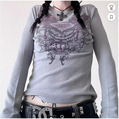 2000S Y2K Cyber Grunge Vintage T-Shirt Graphic Print O Neck Long Sleeve Tee Women Slim Fit Crop Tops Egirl Skater Emo Streetwear