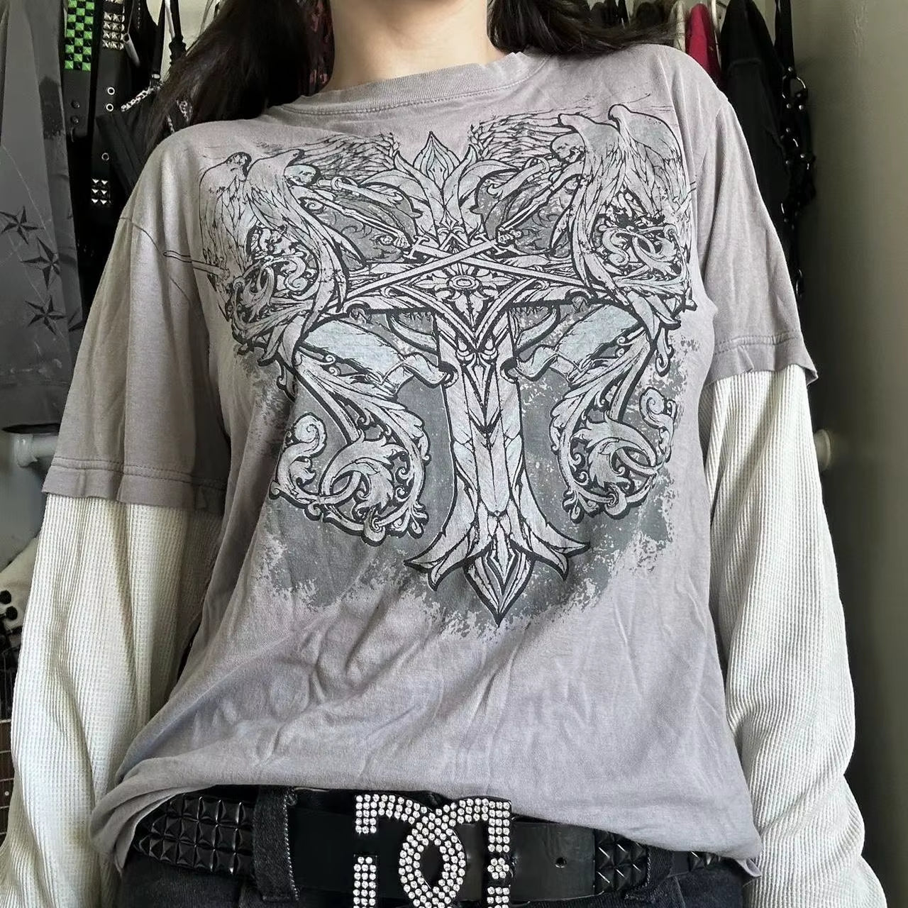 2000S Y2K Cyber Grunge Vintage T-Shirt Graphic Print O Neck Long Sleeve Tee Women Slim Fit Crop Tops Egirl Skater Emo Streetwear