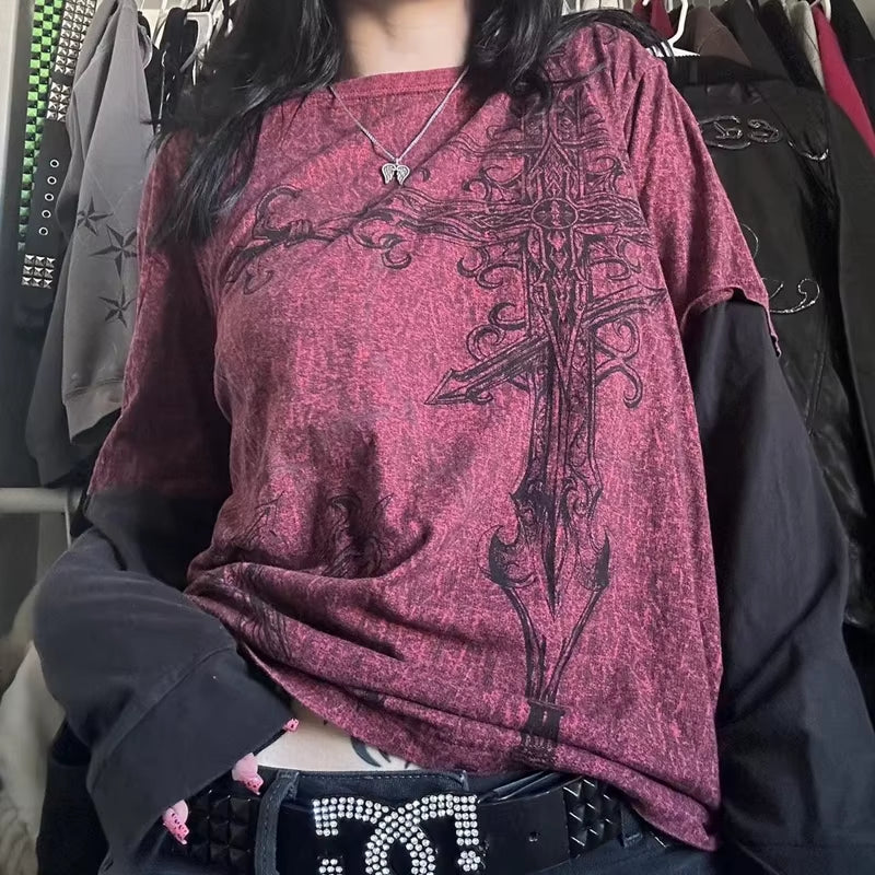 2000S Y2K Cyber Grunge Vintage T-Shirt Graphic Print O Neck Long Sleeve Tee Women Slim Fit Crop Tops Egirl Skater Emo Streetwear