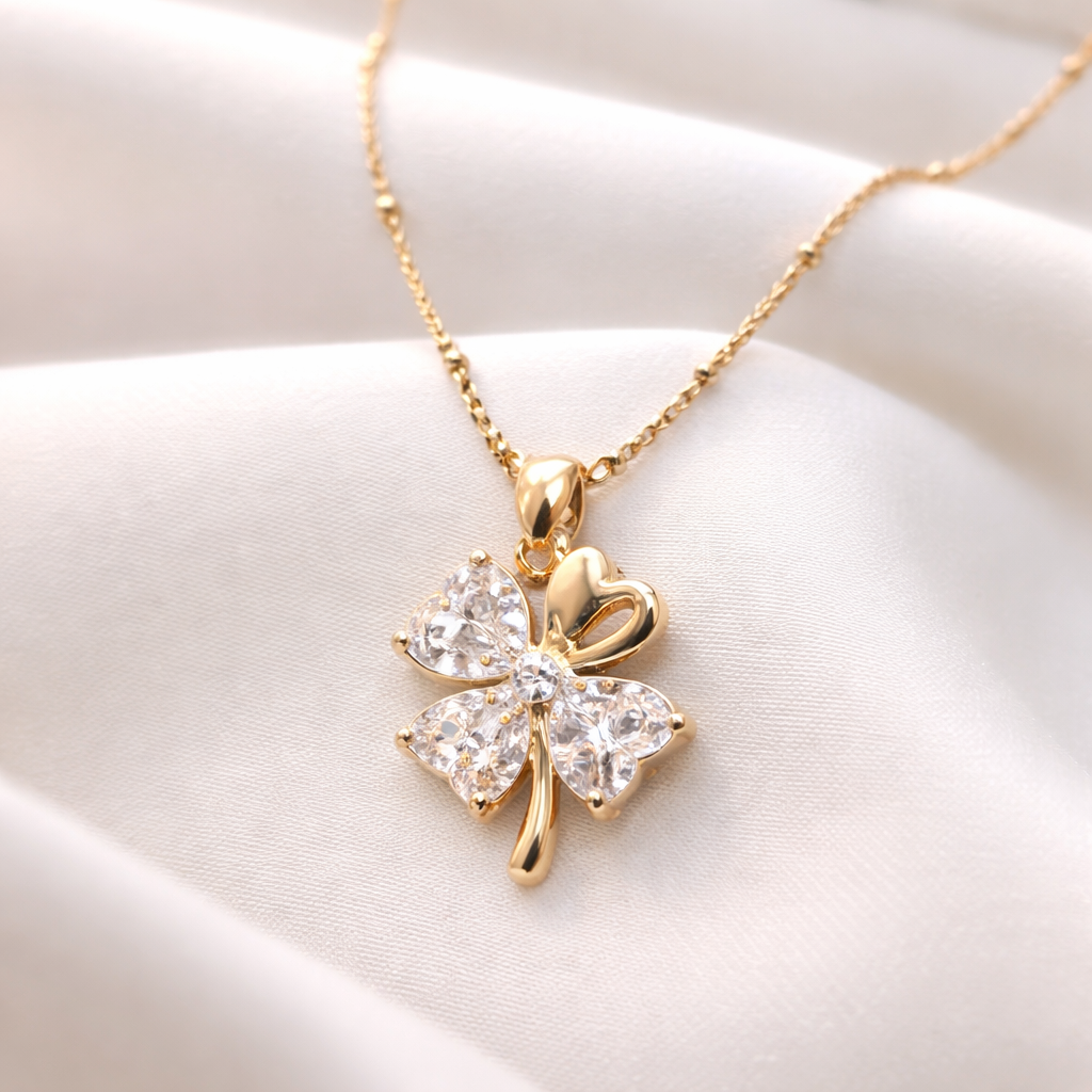 Crystal Clover Pendant Necklace - Gold  Plated